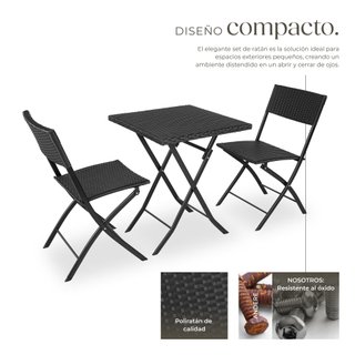 Conjunto de ratán para 2 personas, 3 piezas, plegable y ligero, negro