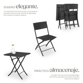 Conjunto de ratán para 2 personas, 3 piezas, plegable y ligero, negro