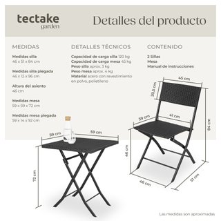 Conjunto de ratán para 2 personas, 3 piezas, plegable y ligero, negro