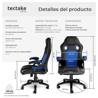 Silla gaming de escritorio giratoria con respaldo ajustable, azul