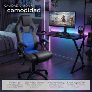 Silla gaming de escritorio giratoria con respaldo ajustable, azul