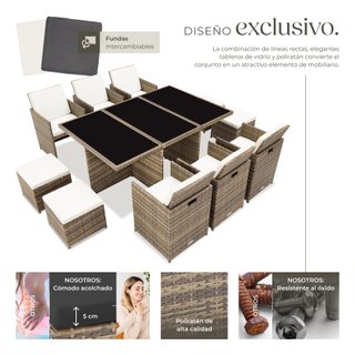 Conjunto muebles jardín aluminio, ratán, protector, mesa, natural