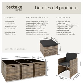 Conjunto muebles jardín aluminio, ratán, protector, mesa, natural