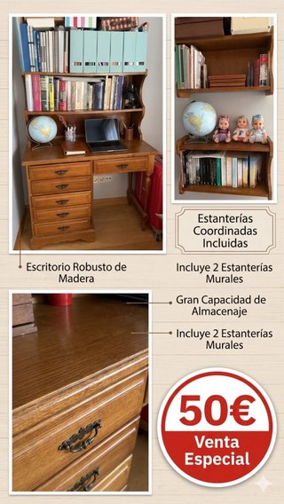 Escritorio de madera con estanterías