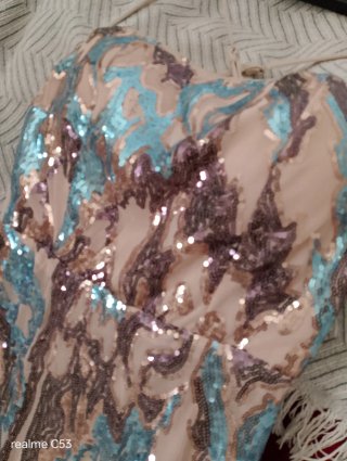 Vestido de fiesta lentejuelas dorado y azul