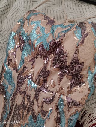 Vestido de fiesta lentejuelas dorado y azul