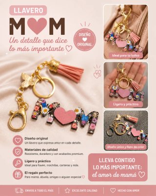 Llavero MOM con corazón y flores