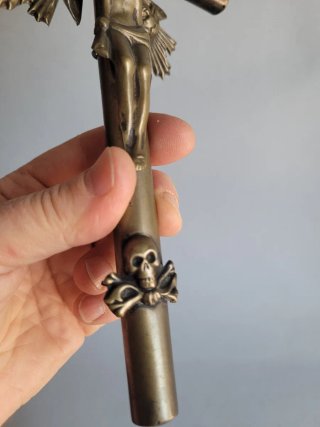 Antico Crocifisso Bronzo INRI Angeli Teschio XVIII
