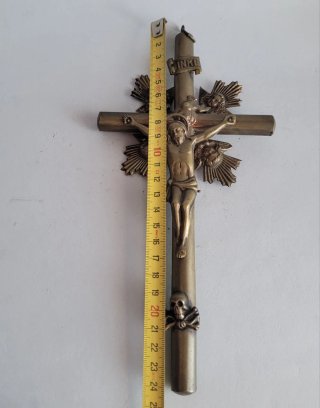 Antico Crocifisso Bronzo INRI Angeli Teschio XVIII