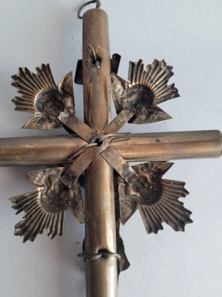 Antico Crocifisso Bronzo INRI Angeli Teschio XVIII