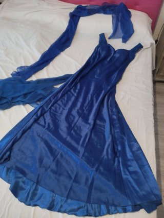 Vestido de fiesta azul mujer, raso y gasa