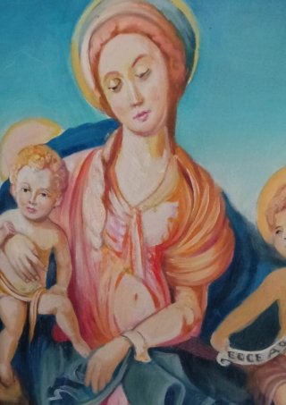 Quadro olio su tela Madonna con Bambino