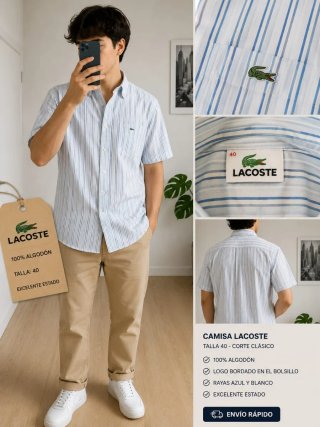 Camisa Lacoste Rayas Azul y Blanco Talla 40
