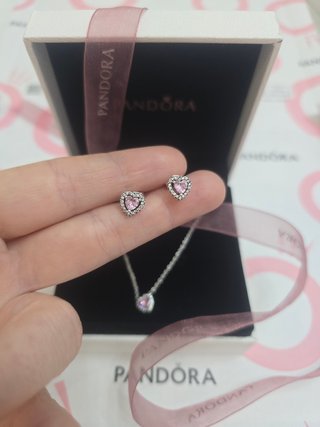 Conjunto Pandora Corazón Rosa y Plata
