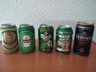 Lattine vuote birra Heineken, Carlsberg, Guinness,