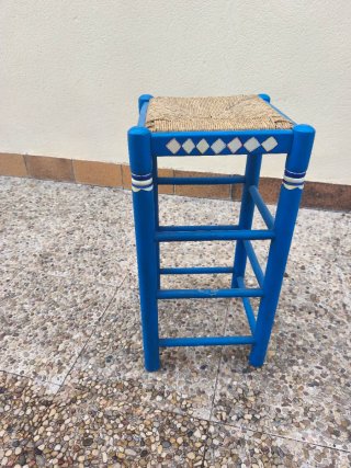 Taburete madera y anea vintage azul