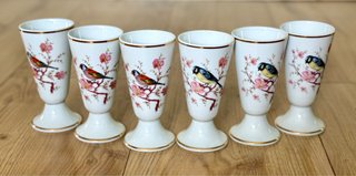 Limoges juego  6 copas mazagran porcelana pajaros