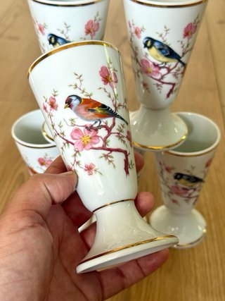 Limoges juego  6 copas mazagran porcelana pajaros
