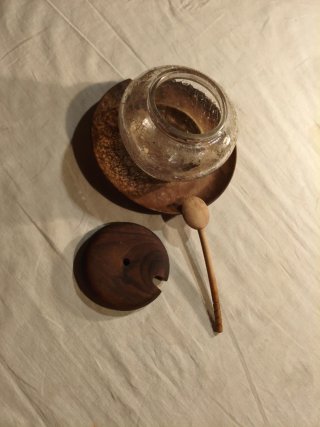 Azucarero vintage de cristal y madera