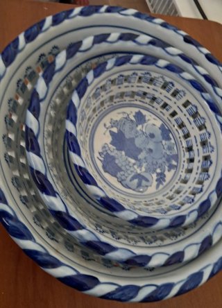 Set 3 Cestini Ceramica Blu e Bianchi