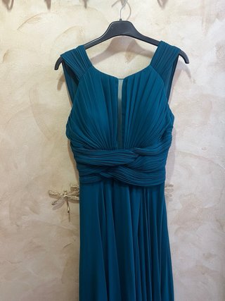 Vestido largo invitada boda azul verdoso