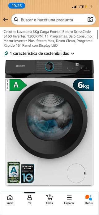 Lavadora Cecotec 6kg Carga Frontal