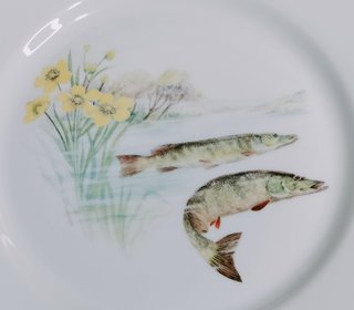 Vajilla de porcelana con peces y flores