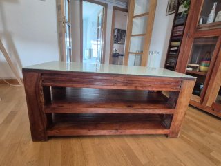 Mesa de salón de madera Colonial y cristal