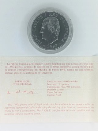 Moneda 1000 pesetas Mundial 98