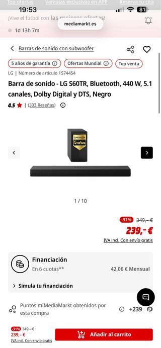Barra de Sonido LG Negra LG S60T