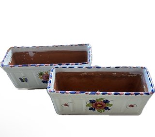 2 Macetas Rectangulares Barro Esmaltado Flores