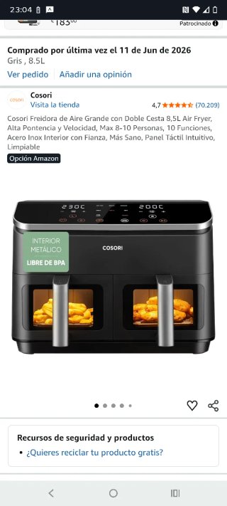 Cosori Freidora Aire DUAL BASKET 8.5L doble cesta