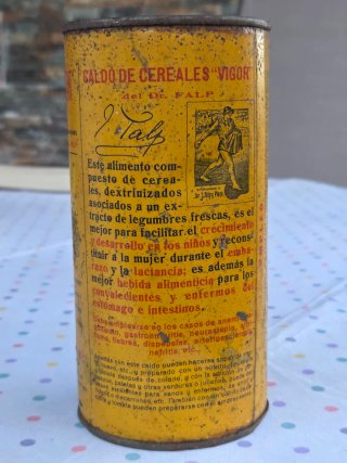 Antigua lata  o bote Caldo de Cereales Vigor Dr. F