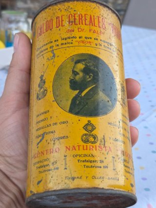 Antigua lata  o bote Caldo de Cereales Vigor Dr. F