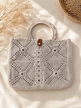 Bolso tejido a mano beige y gris