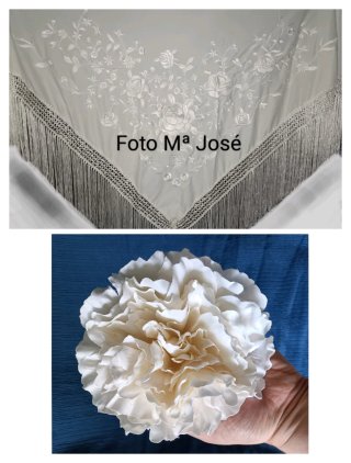 Mantoncillo beige bordado y peonía para flamenca