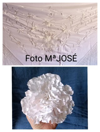 Mantoncillo blanco bordado y peonía para flamenca