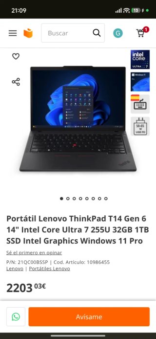 Portátil Lenovo Thinkpad T14 Gen 6 Negro