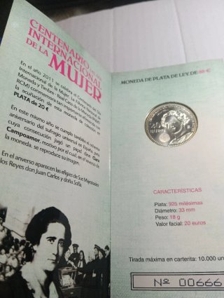 Moneda Plata 20€ España 2011 Centenario Mujer