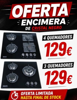 Encimera de Cristal Negro 4 Quemadores