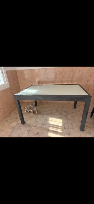Mesa extensible cristal y metal + 6 sillas