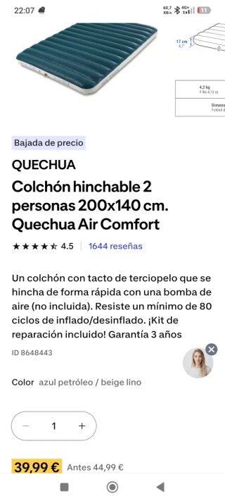 Colchón hinchable 140cm de ancho x 200cm