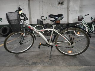 Bicicleta de paseo plateada con cesta