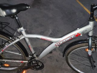 Bicicleta de paseo plateada con cesta
