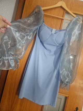 Vestido fiesta ceremonia azul mangas organza