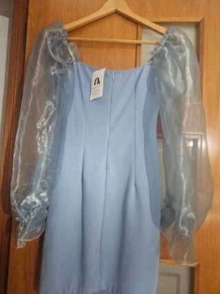 Vestido fiesta ceremonia azul mangas organza