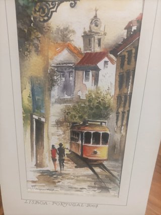 Pintura Acuarela Lisboa Tranvía Papel