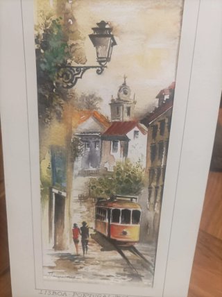 Pintura Acuarela Lisboa Tranvía Papel