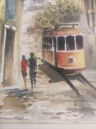 Pintura Acuarela Lisboa Tranvía Papel