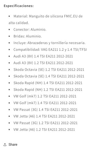 Tubo Admisión Turbo EA211 1.2 1.4 TSI Inlet Pipe